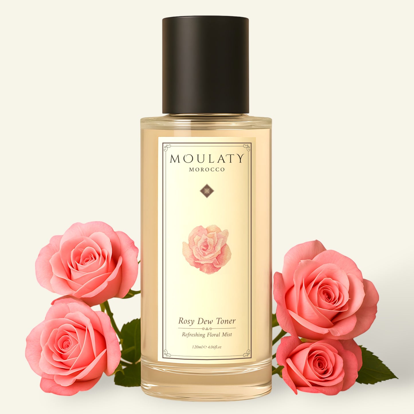 Rose water toner bottle with pink roses, Moroccan skincare, floral, natural beauty product