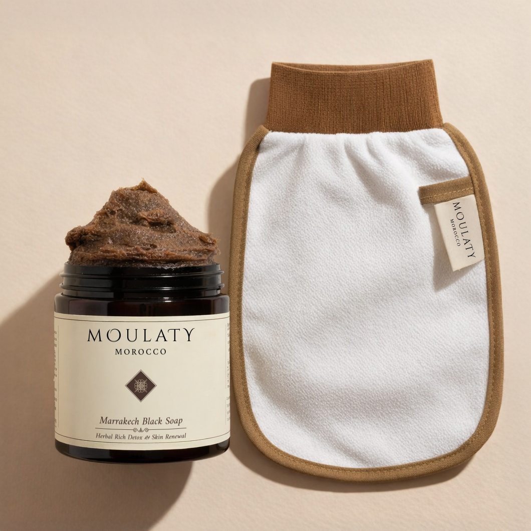 Marrakech Black Soap jar with exfoliating glove for Moroccan skincare and gentle exfoliation