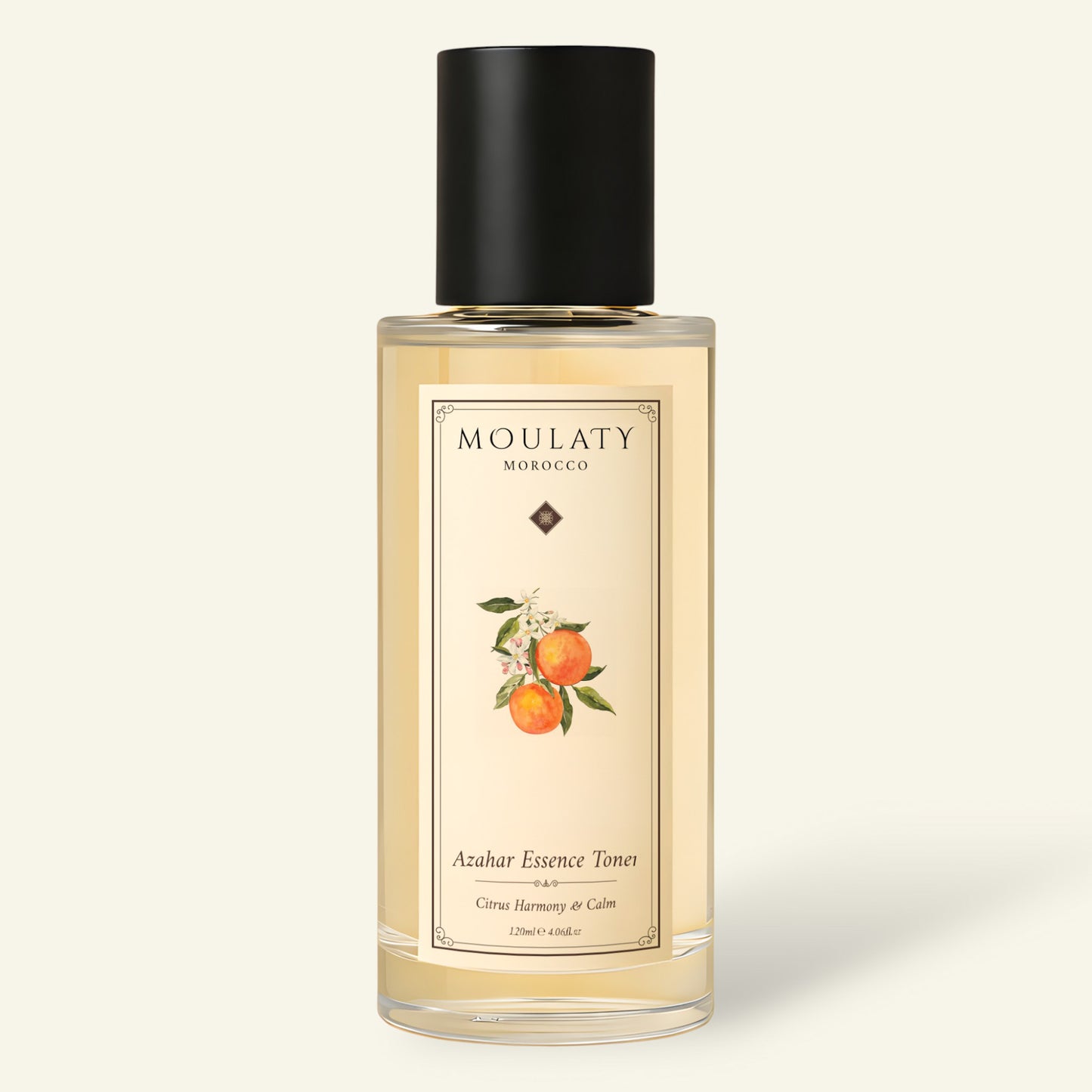 Azahar Essence Toner bottle with citrus blossom label and black cap on a light background