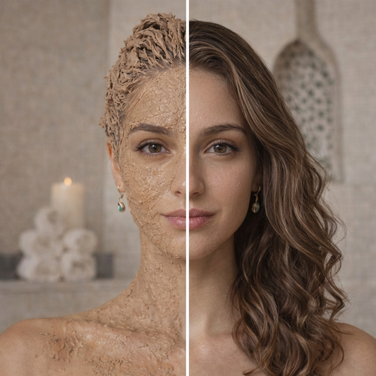 Ghassoul clay face mask before and after results showing clearer, brighter skin