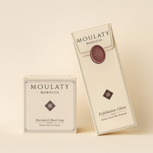 Moroccan Black Soap and Kessa Glove exfoliation duo for traditional hammam treatment