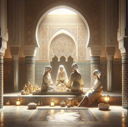 Women in traditional robes relaxing in an ornate Moroccan hammam with spa products and glowing lanterns.