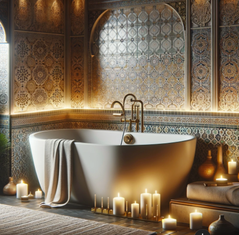 Moroccan-style bathroom with mosaic tiles, freestanding tub, and candles for a relaxing spa ambiance