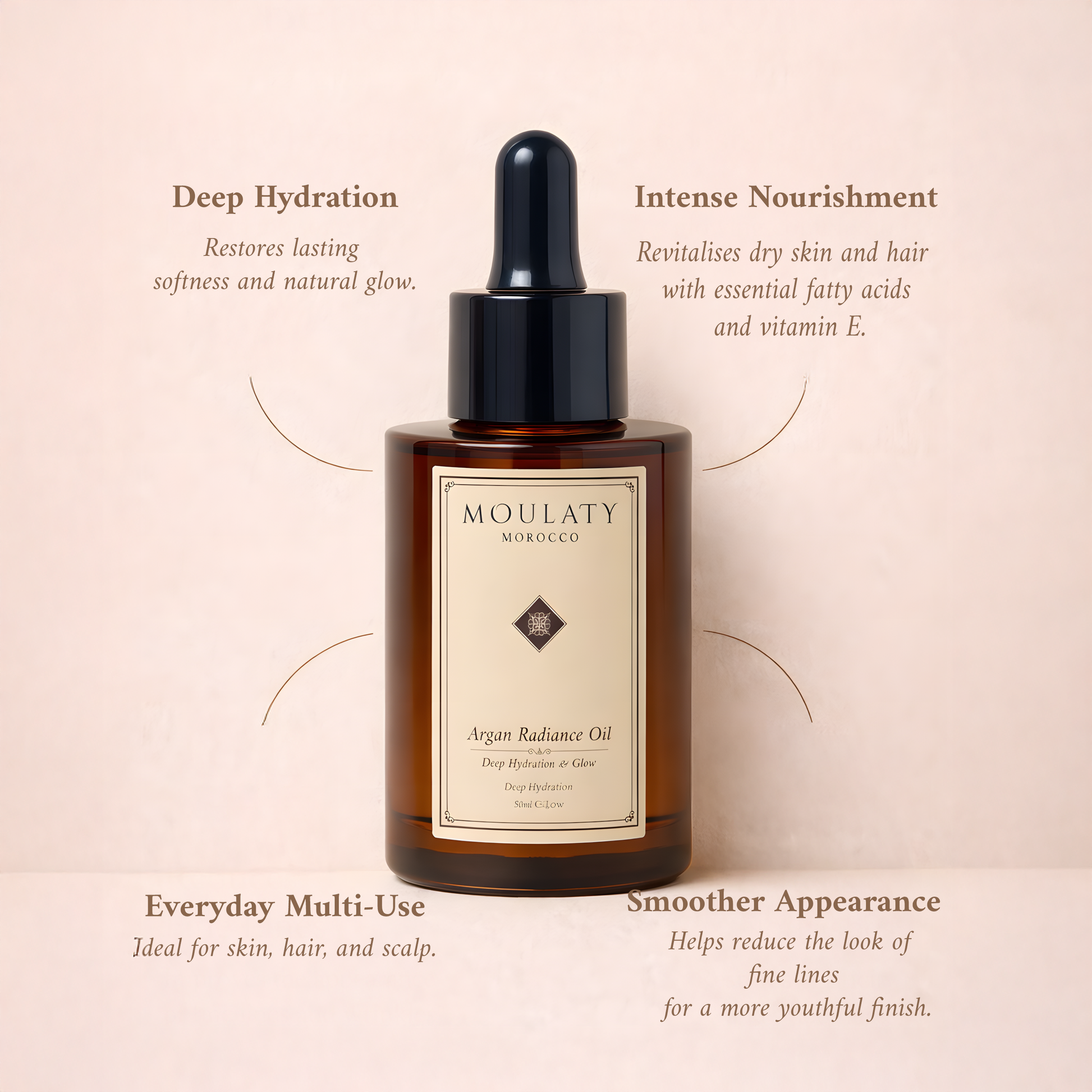 Amber glass dropper bottle of Argan Radiance Oil with skincare benefits for hydration, nourishment, and multi-use.