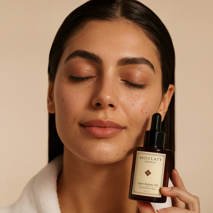 Woman with glowing skin holding Moulaty Argan Radiance Oil skincare product