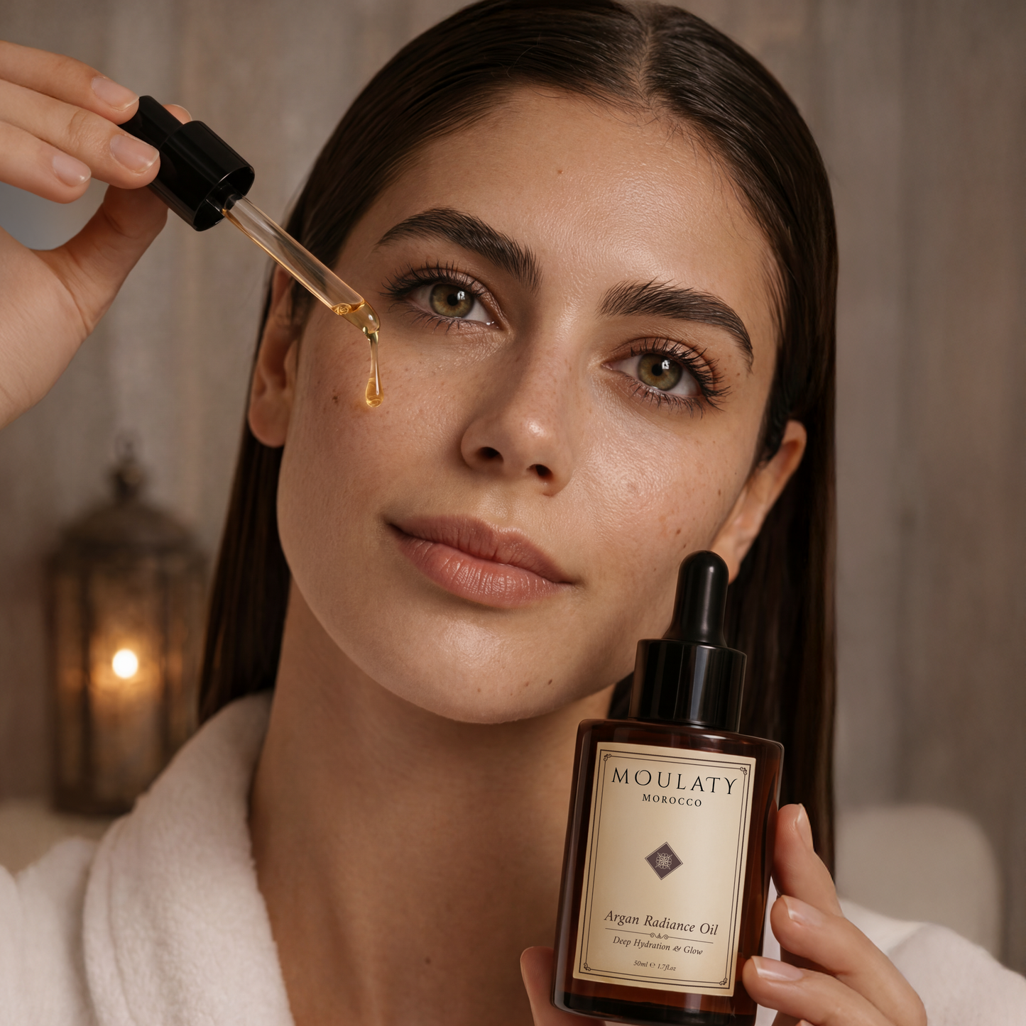 Woman applying Moulaty Argan Radiance Oil to face for Moroccan skincare hydration