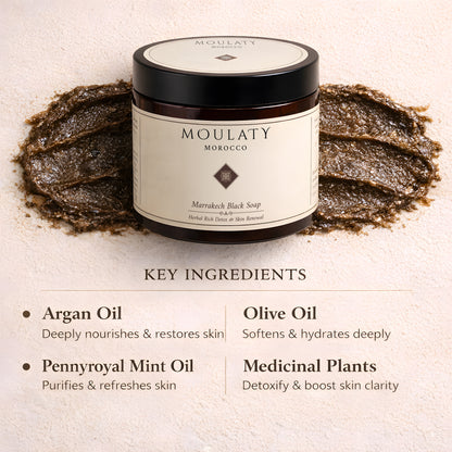 Marrakech Black Soap jar with natural paste, featuring argan oil, olive oil, pennyroyal mint oil, and medicinal plants ingredients.