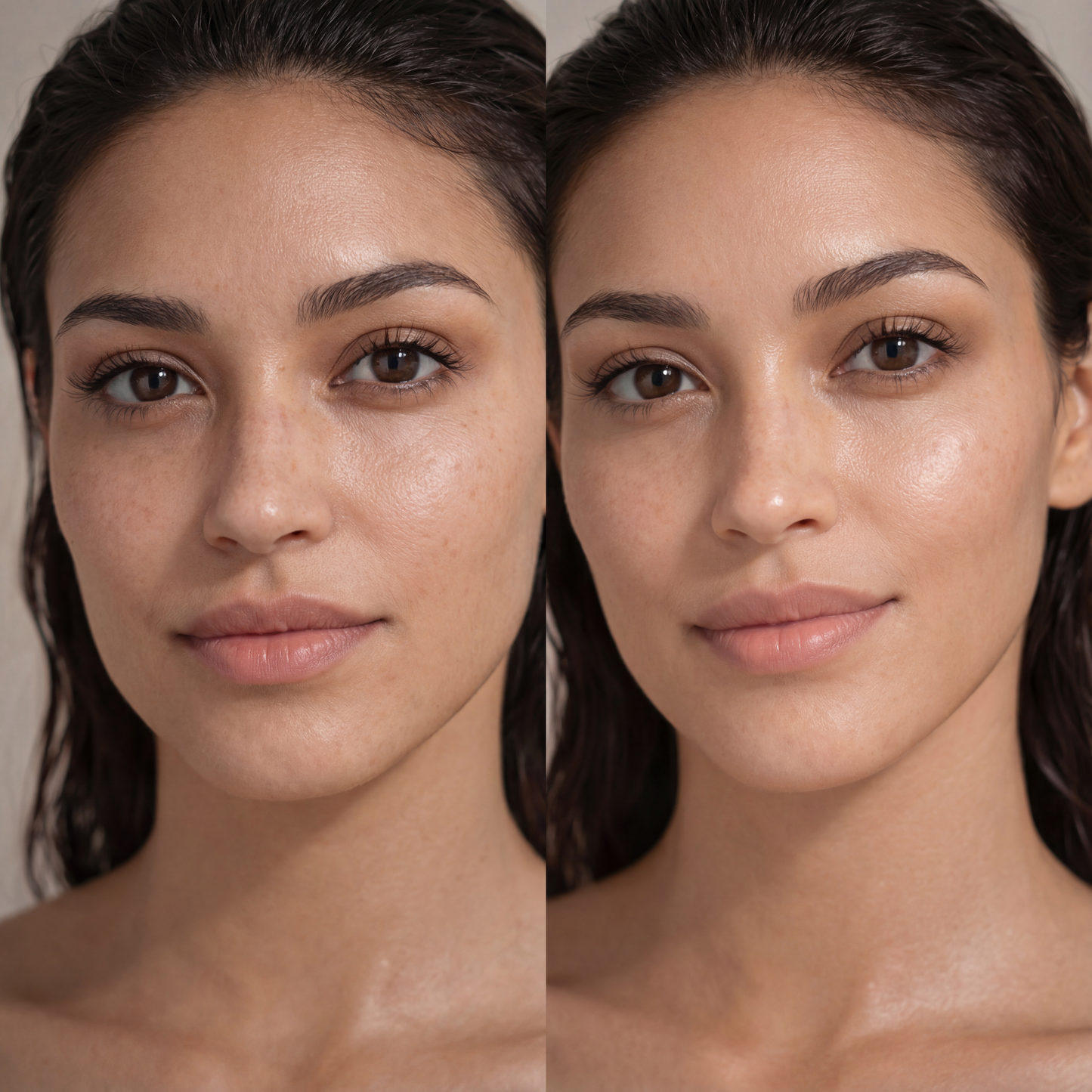 Before and after of woman showing improved radiant, smooth skin after skincare treatment