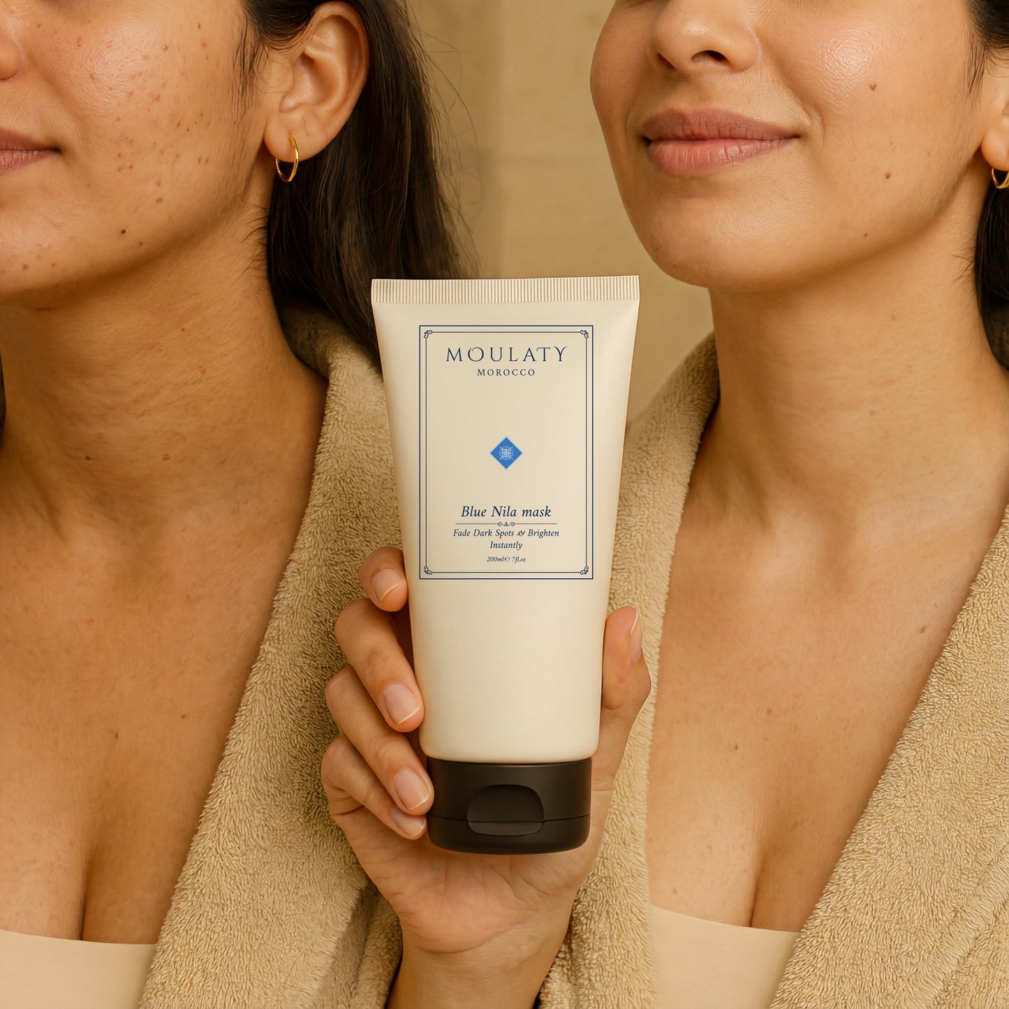 Woman holding Blue Nila Mask, showing before and after radiant skin results