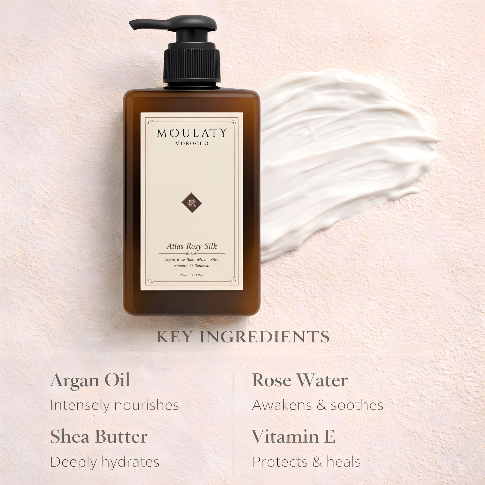 Moroccan body lotion bottle with cream texture, highlighting argan oil, shea butter, rose water, and vitamin E ingredients.