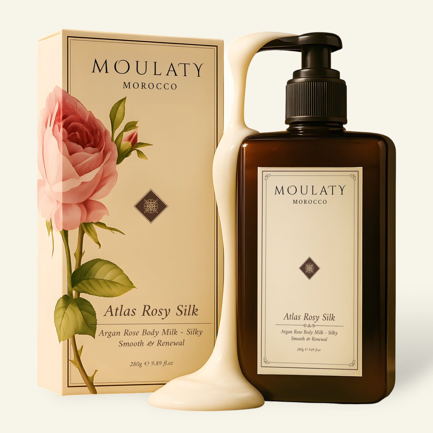 Argan rose body milk bottle with pump, creamy lotion flowing, floral packaging beside it