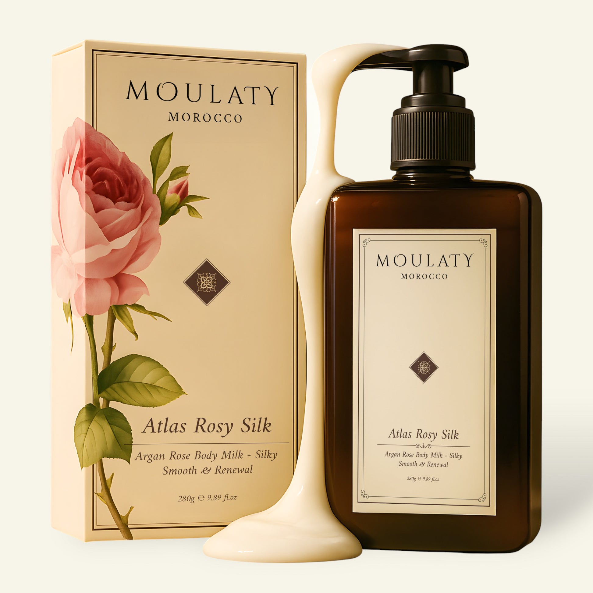 Argan rose body milk bottle with pump, creamy lotion flowing, floral packaging beside it