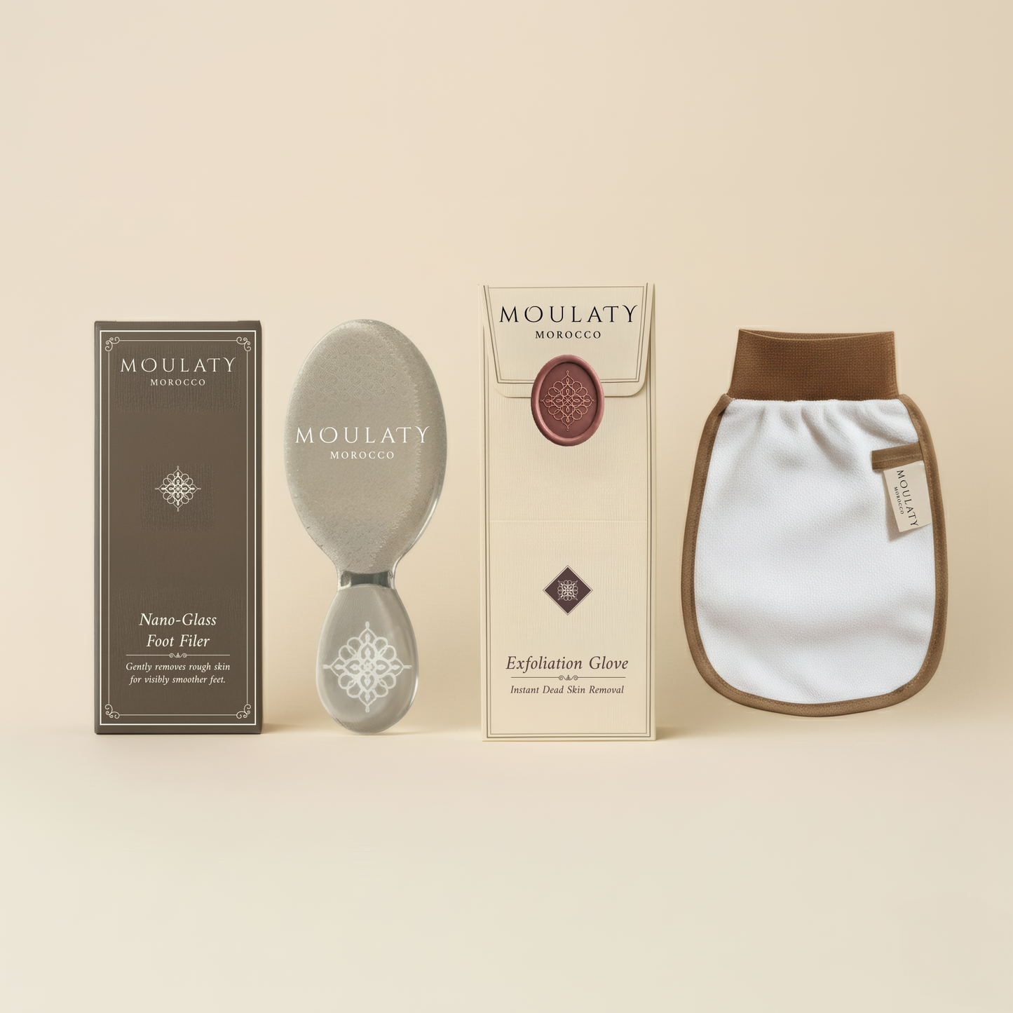 Moroccan exfoliation essentials with nano-glass foot filer and exfoliation glove on beige background