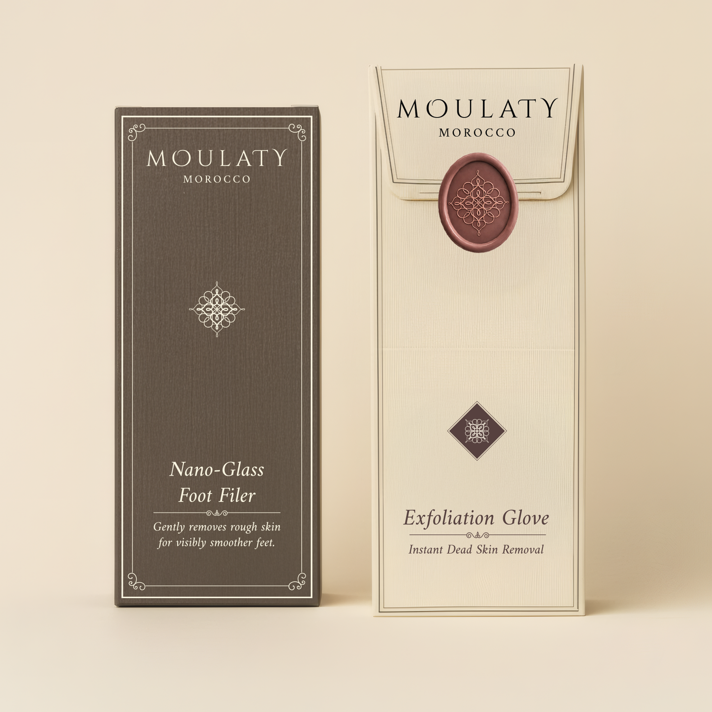 Nano-glass foot filer and exfoliation glove in elegant Moroccan-inspired packaging for smooth skin care