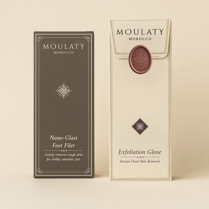 Nano-glass foot filer and exfoliation glove in elegant Moroccan-inspired packaging for smooth skin care