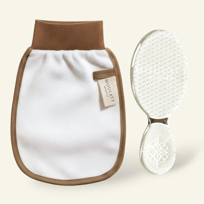 Moroccan exfoliating glove and textured foot file on light background for gentle skin care