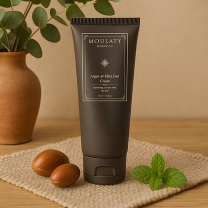 Argan and mint foot cream with texture smear showing key ingredients including argan oil, shea butter, mint extract and vitamin E
