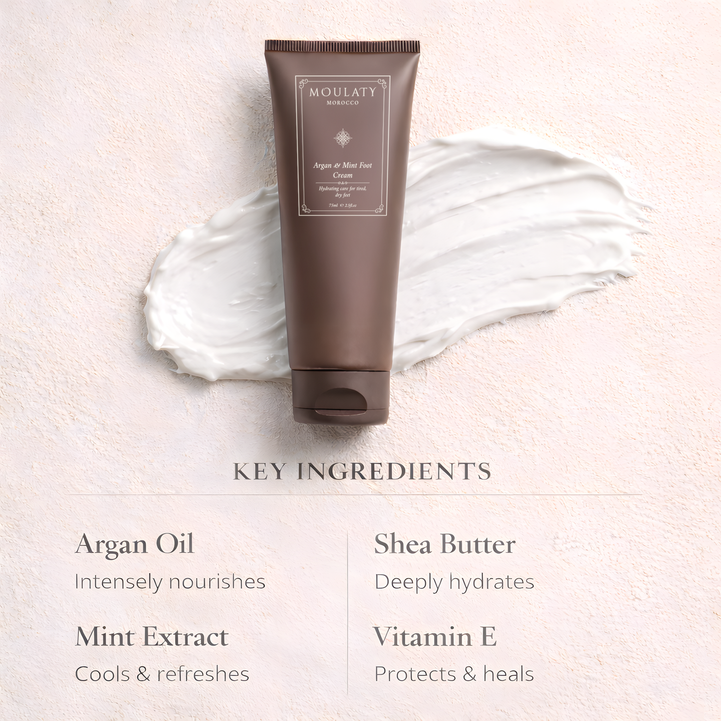 Argan and mint foot cream with texture smear showing key ingredients including argan oil, shea butter, mint extract and vitamin E