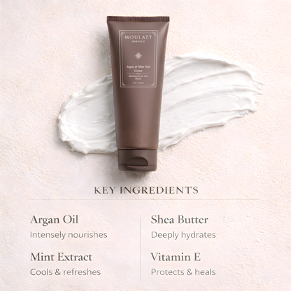 Argan and mint foot cream with texture smear showing key ingredients including argan oil, shea butter, mint extract and vitamin E