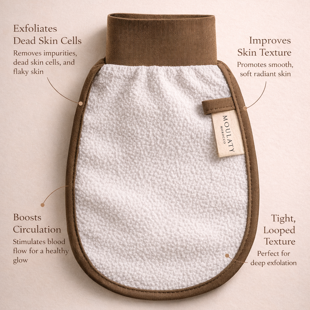 Moroccan exfoliating mitt with benefits for skin exfoliation, improved texture, and circulation.