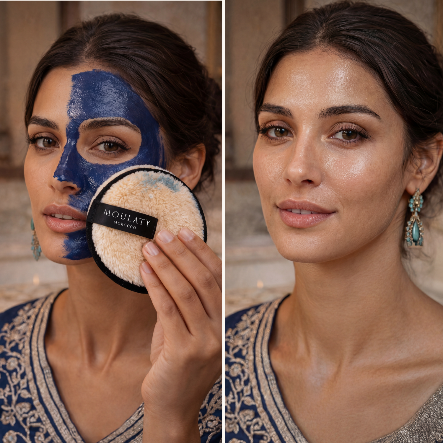 Woman using blue facial mask and reusable cleansing pad, before and after skincare results.