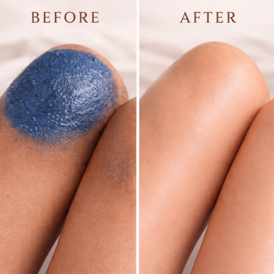 Before and after showing Blue Nila mask on knee with visible smoother, brighter radiant skin results.