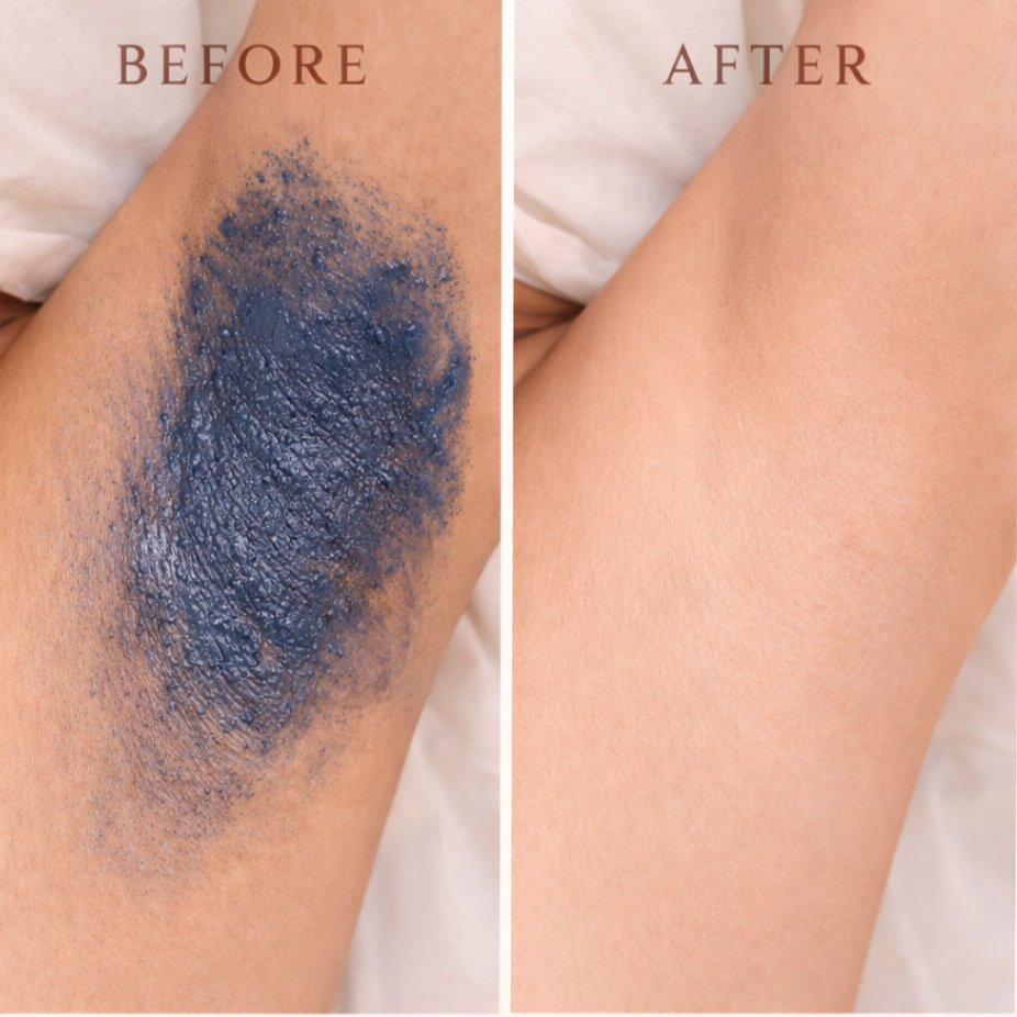 Underarm before and after using Blue Nila mask, showing improved skin clarity
