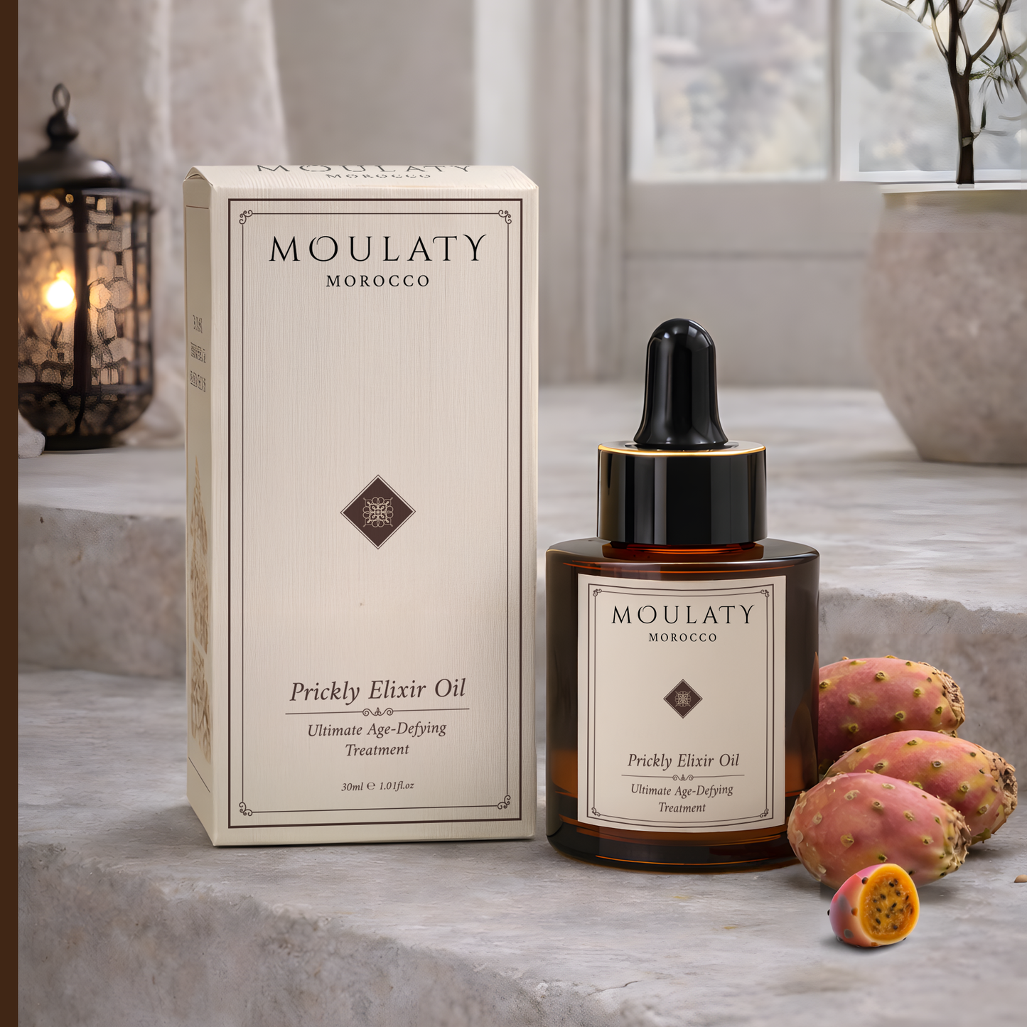 Prickly pear oil dropper bottle and box with cactus fruits on a stone surface, Moroccan skincare
