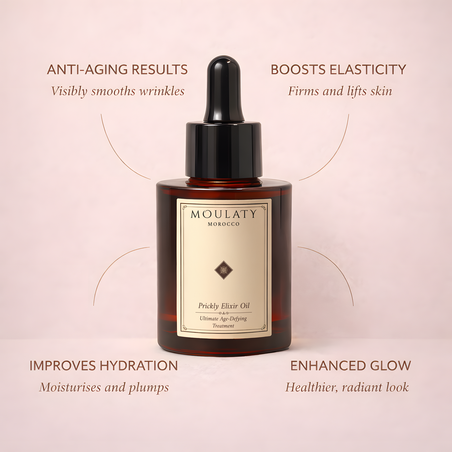 Prickly pear seed oil serum bottle with benefits for anti-aging, hydration, elasticity, and glow.