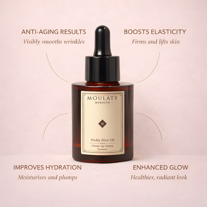 Prickly pear seed oil serum bottle with benefits for anti-aging, hydration, elasticity, and glow.