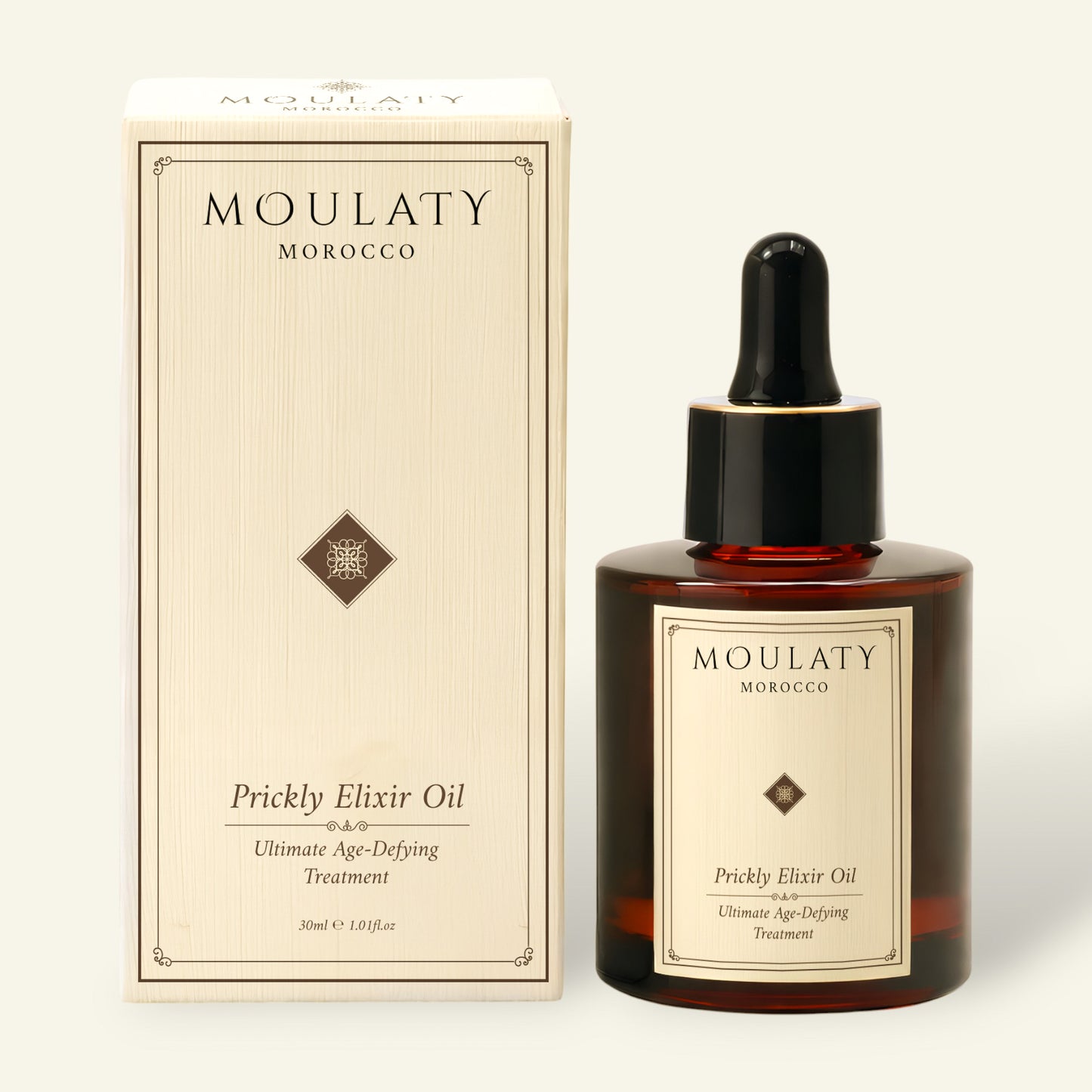 Prickly Elixir Oil bottle with dropper and matching box for anti-aging skincare treatment
