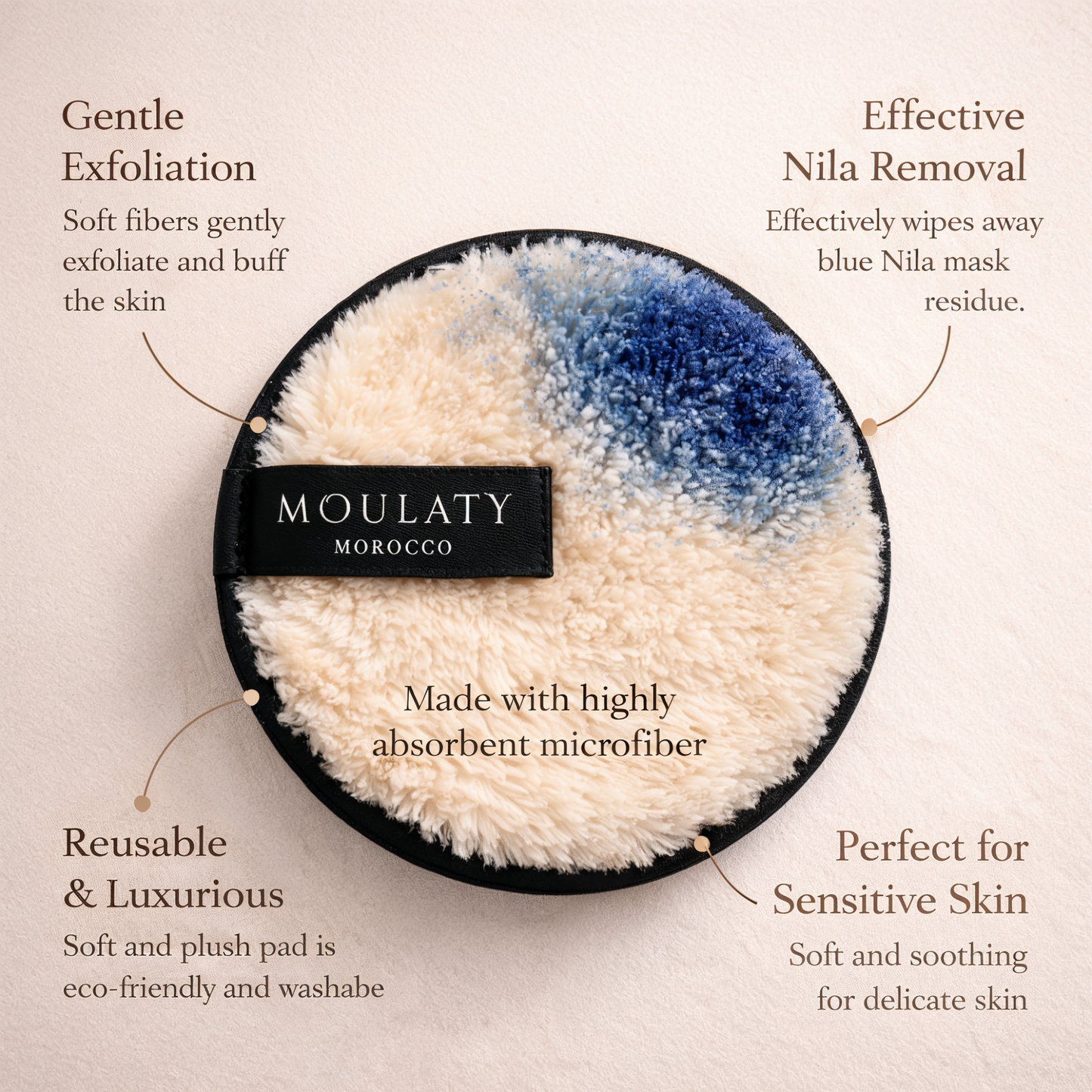 Microfiber removal pad for gentle exfoliation, blue Nila mask cleansing, and sensitive skin care.