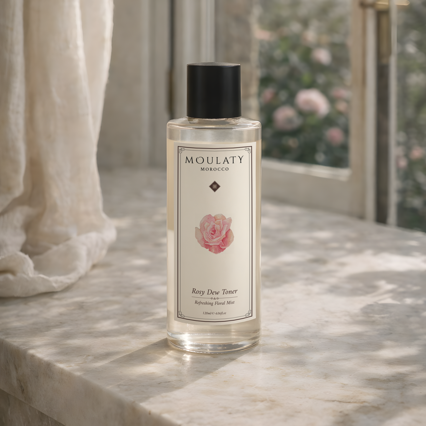 Clear bottle of rose water facial toner with black cap on marble surface, floral design, soft natural light.
