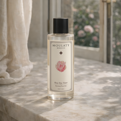 Clear bottle of rose water facial toner with black cap on marble surface, floral design, soft natural light.