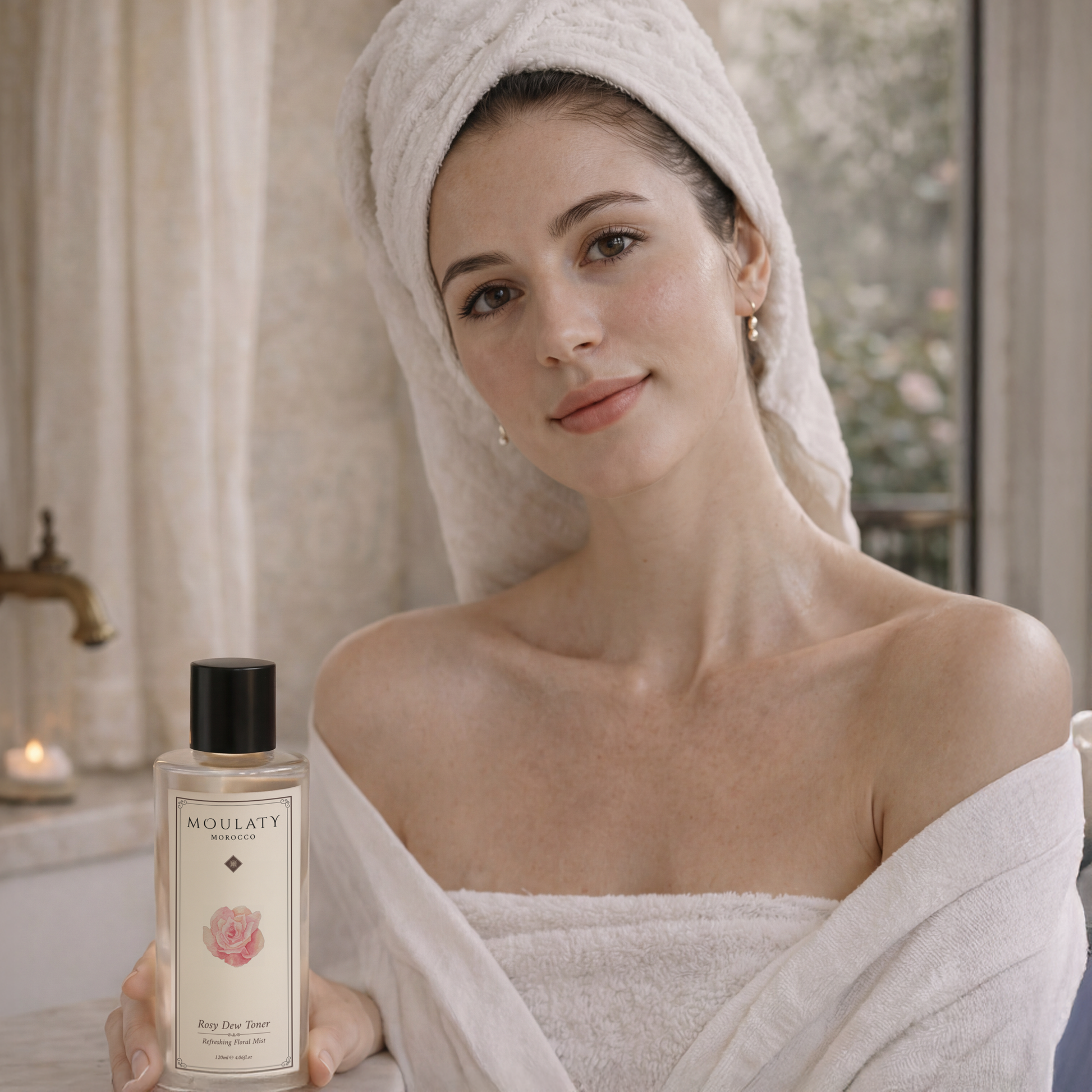 Woman in towel holding Moulaty rose water toner in a spa-like bathroom, glowing skin