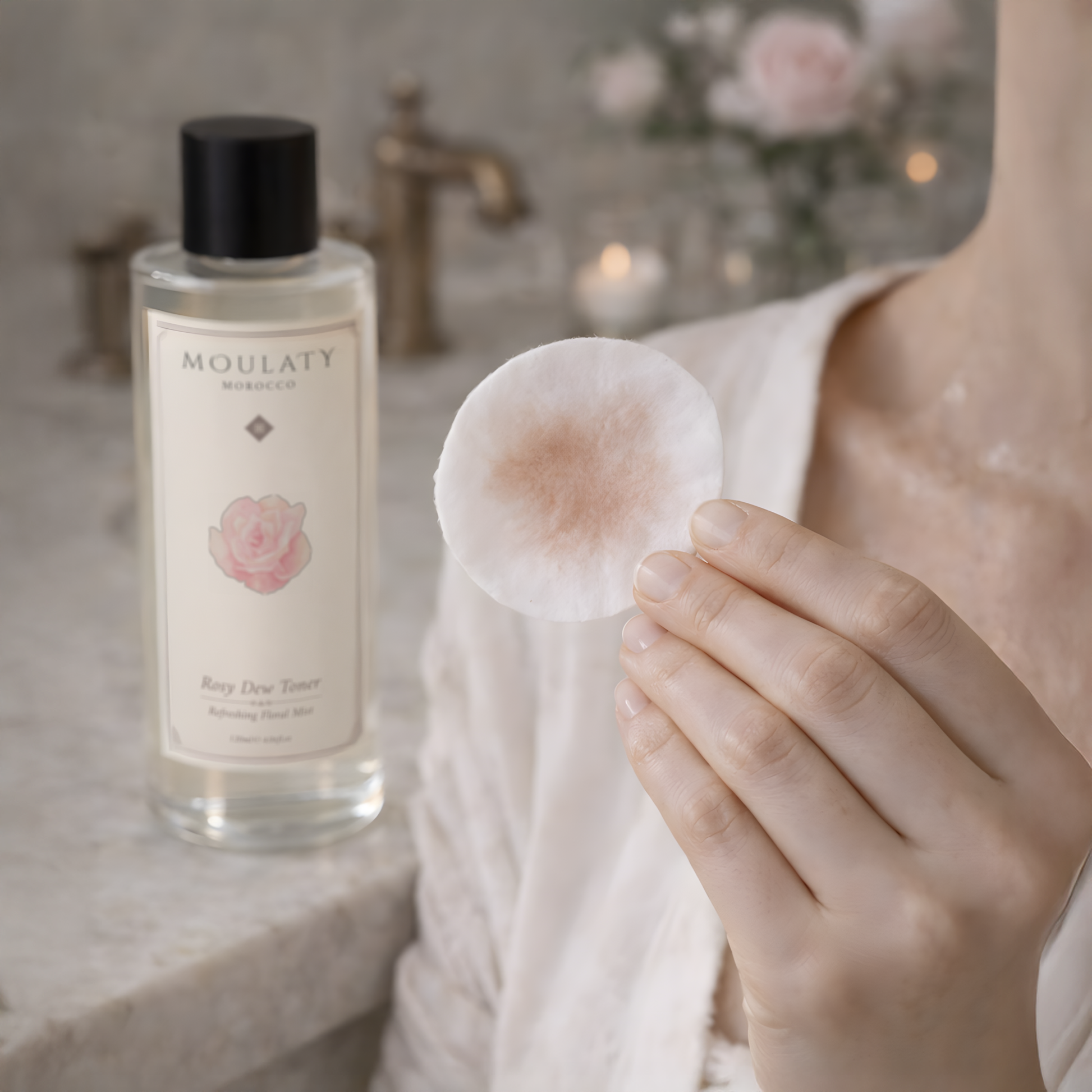 Hand holding used cotton pad with rose water toner bottle on marble counter, spa setting