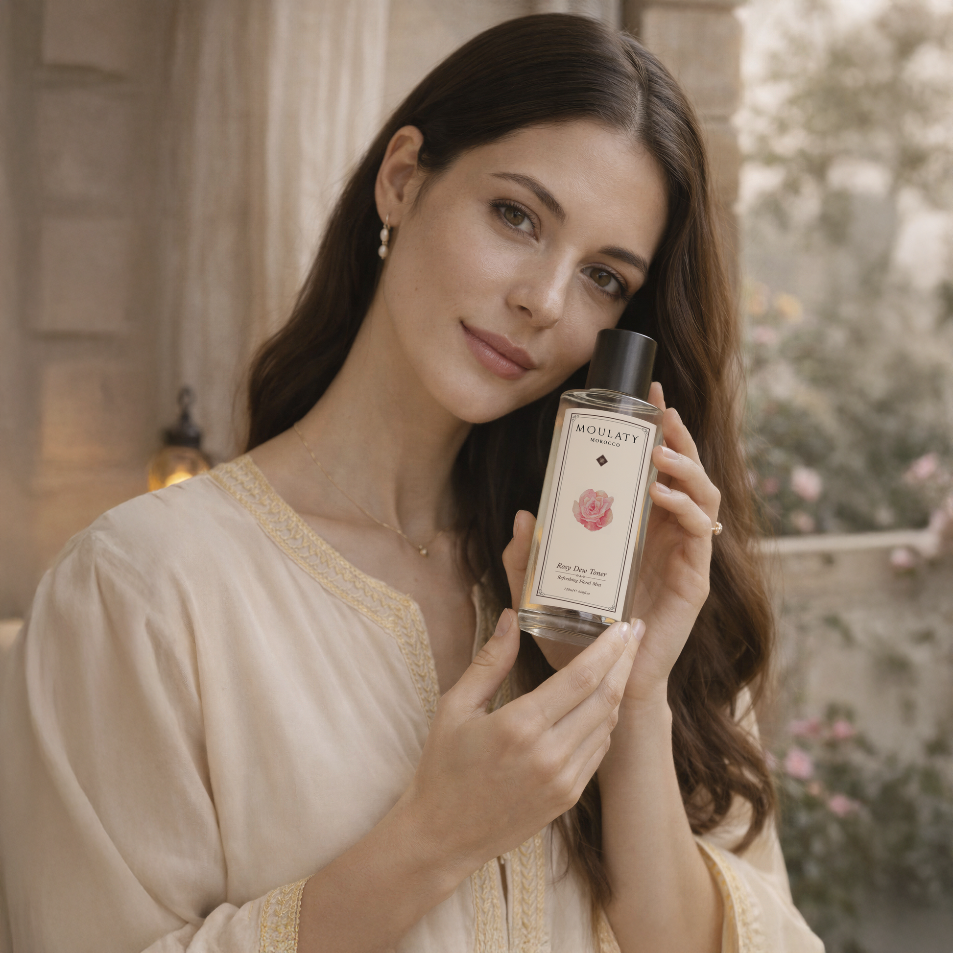 Woman holding Moulaty Rose Dew Toner bottle in elegant Moroccan setting