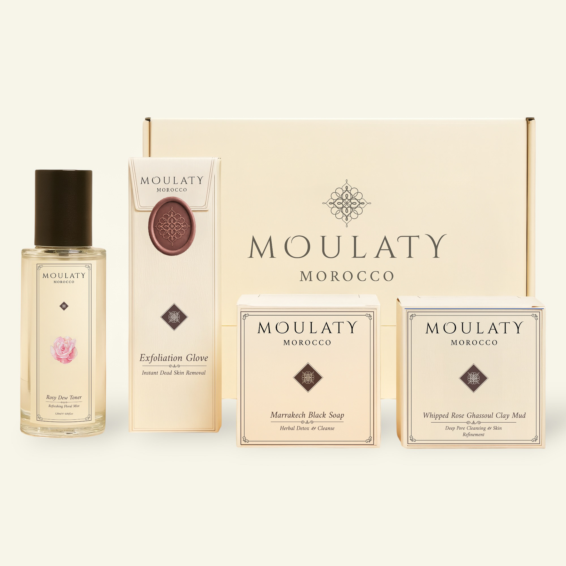 Moroccan Hammam set with moroccan black soap, moroccan ghassoul clay , moroccan exfoliation glove and rose water