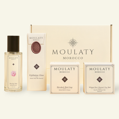 Moroccan Hammam set with moroccan black soap, moroccan ghassoul clay , moroccan exfoliation glove and rose water
