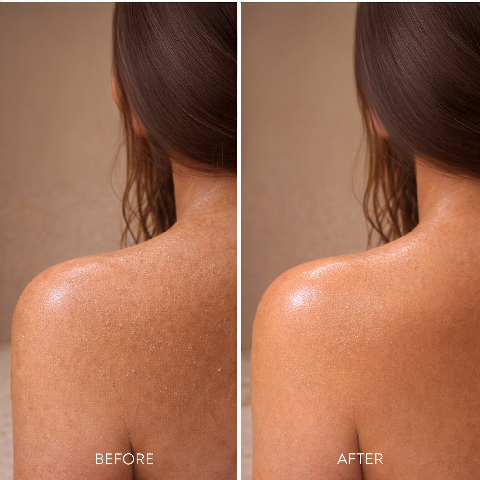 Side-by-side before and after of a woman's shoulder showing exfoliating scrub results with smoother, glowing skin