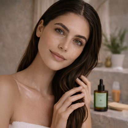 Woman with radiant skin and long hair using Moroccan argan oil skincare in spa setting