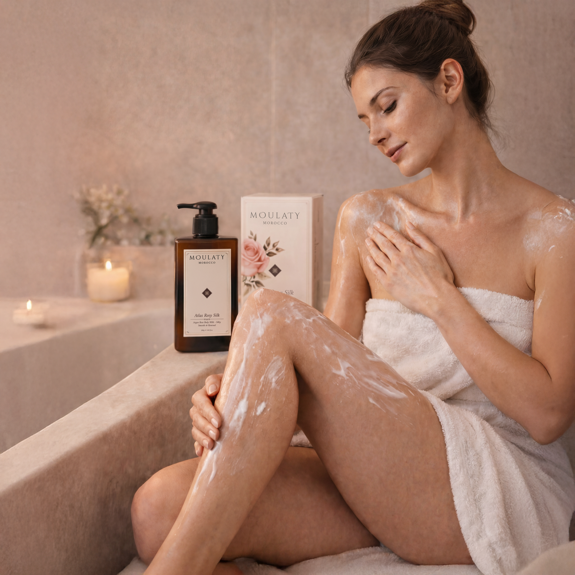 Woman in towel applying body lotion in spa bathroom with Moulaty Amber Rose Silk bottle and box nearby.