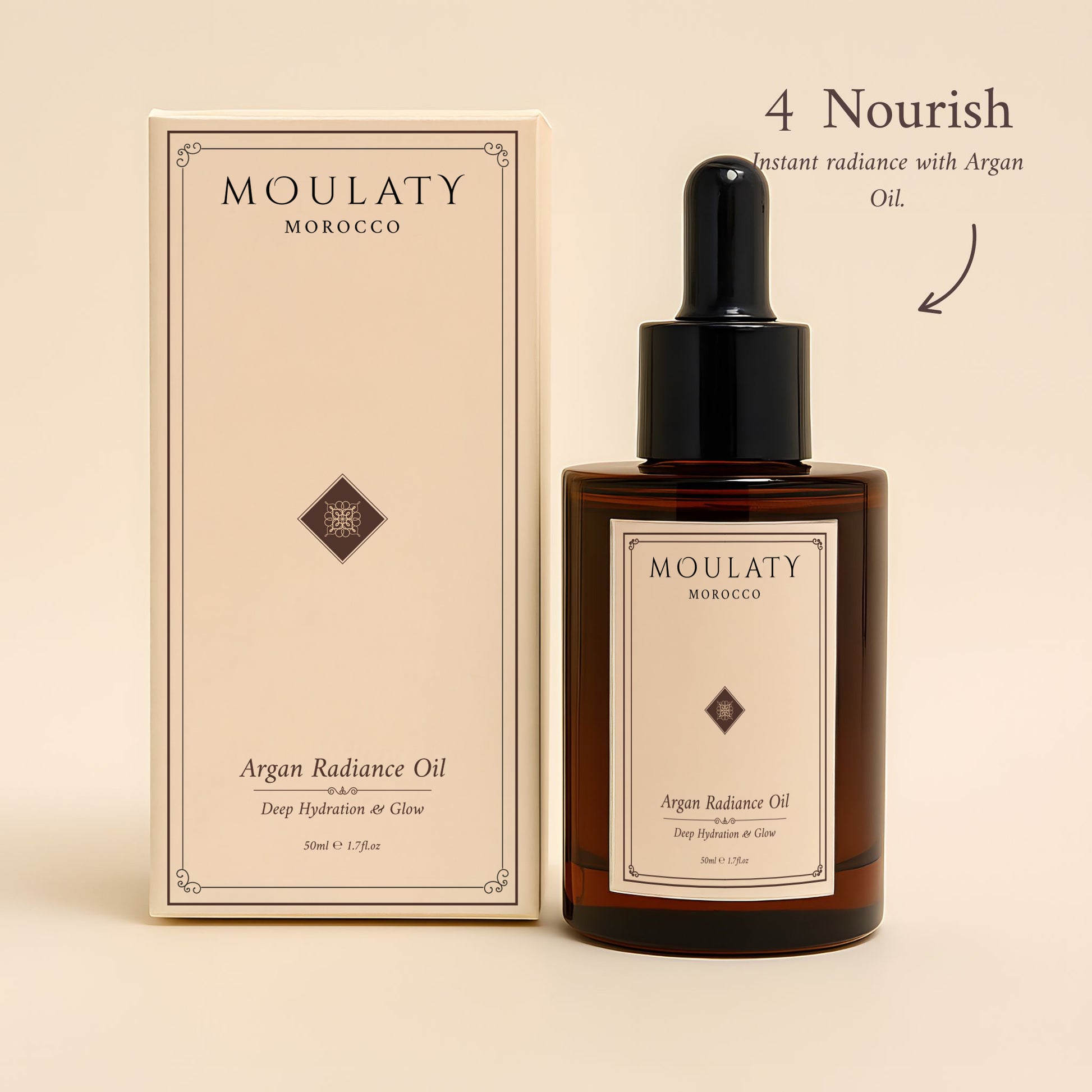 Argan Radiance Oil bottle with dropper and box, labeled for deep hydration and glow skincare.