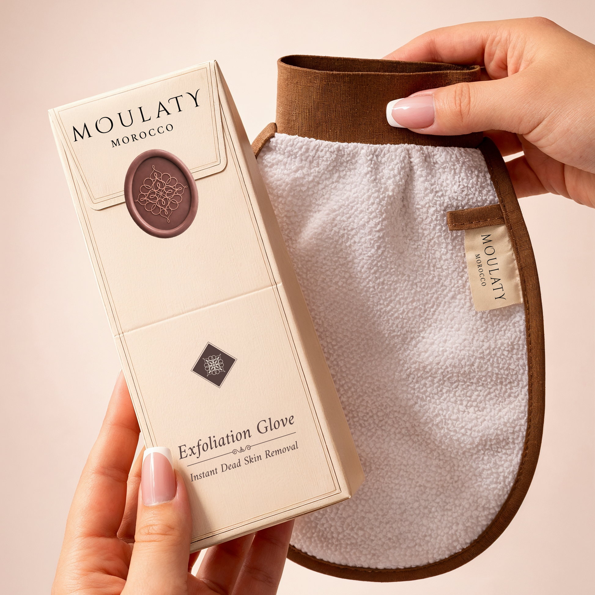 Moroccan exfoliation glove and box for hammam-inspired skincare and dead skin removal