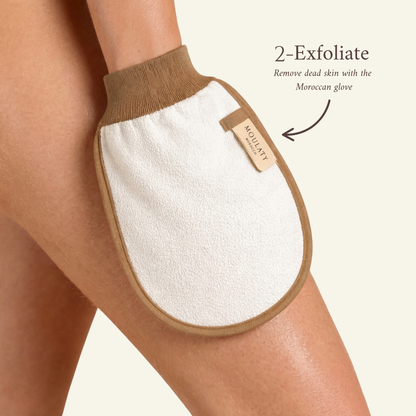 Exfoliating leg with Moroccan kessa glove for smooth skin, step-by-step skincare routine.