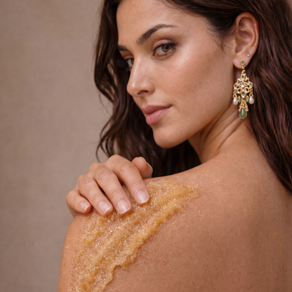 Woman applying exfoliating scrub to shoulder, skincare exfoliant, Moroccan beauty ritual